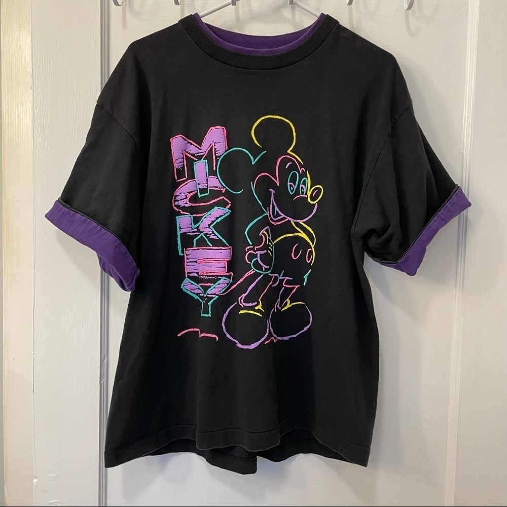 Vintage Disney Designs Mickey Mouse Neon Graphic Tee Faux Layered Style